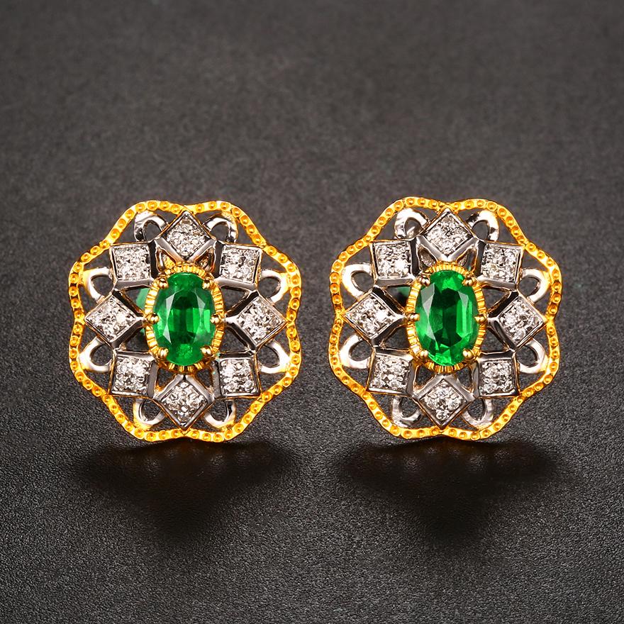 High-End 14K Gold 1.2 CTW Natural Vivid Green Emerald & Diamond Earrings with Certificate (1 of 9)