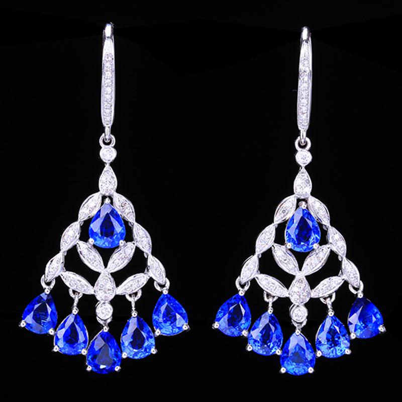14K WHITE GOLD 5.62 CTW NATURAL SAPPHIRE & DIAMOND EARRINGS (1 of 5)