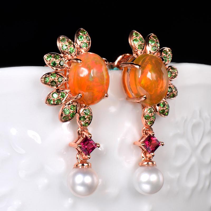14K ROSE GOLD 2.48 CT NATURAL OPAL & NATURAL RUBY & TSAVORITE & PEARL EARRINGS (1 of 7)