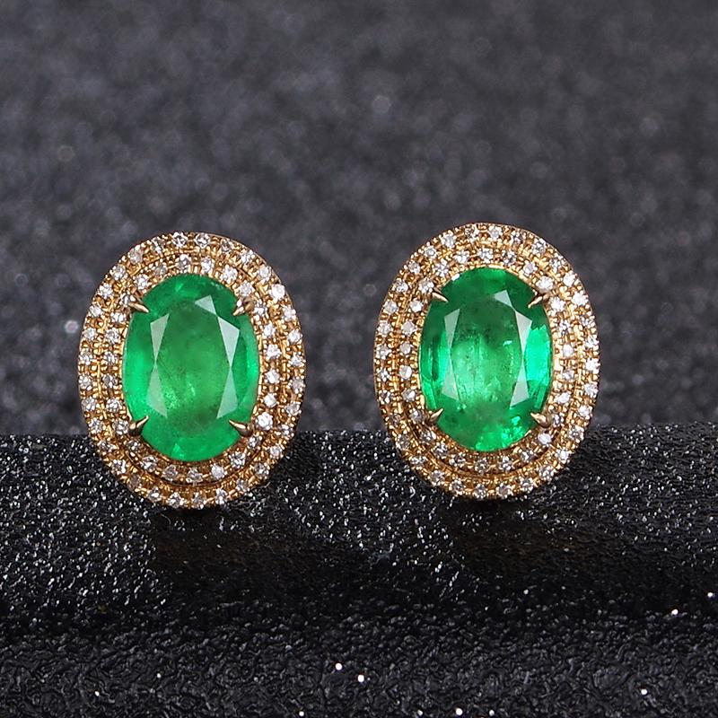 14K ROSE GOLD 2.86 CT VIVID GREEN NATURAL EMERALD & DIAMOND EARRINGS (1 of 7)