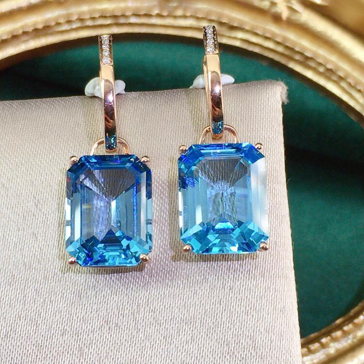 14K ROSE GOLD 11.45 CT VIVID BLUE NATURAL TOPAZ & DIAMOND EARRINGS (1 of 7)