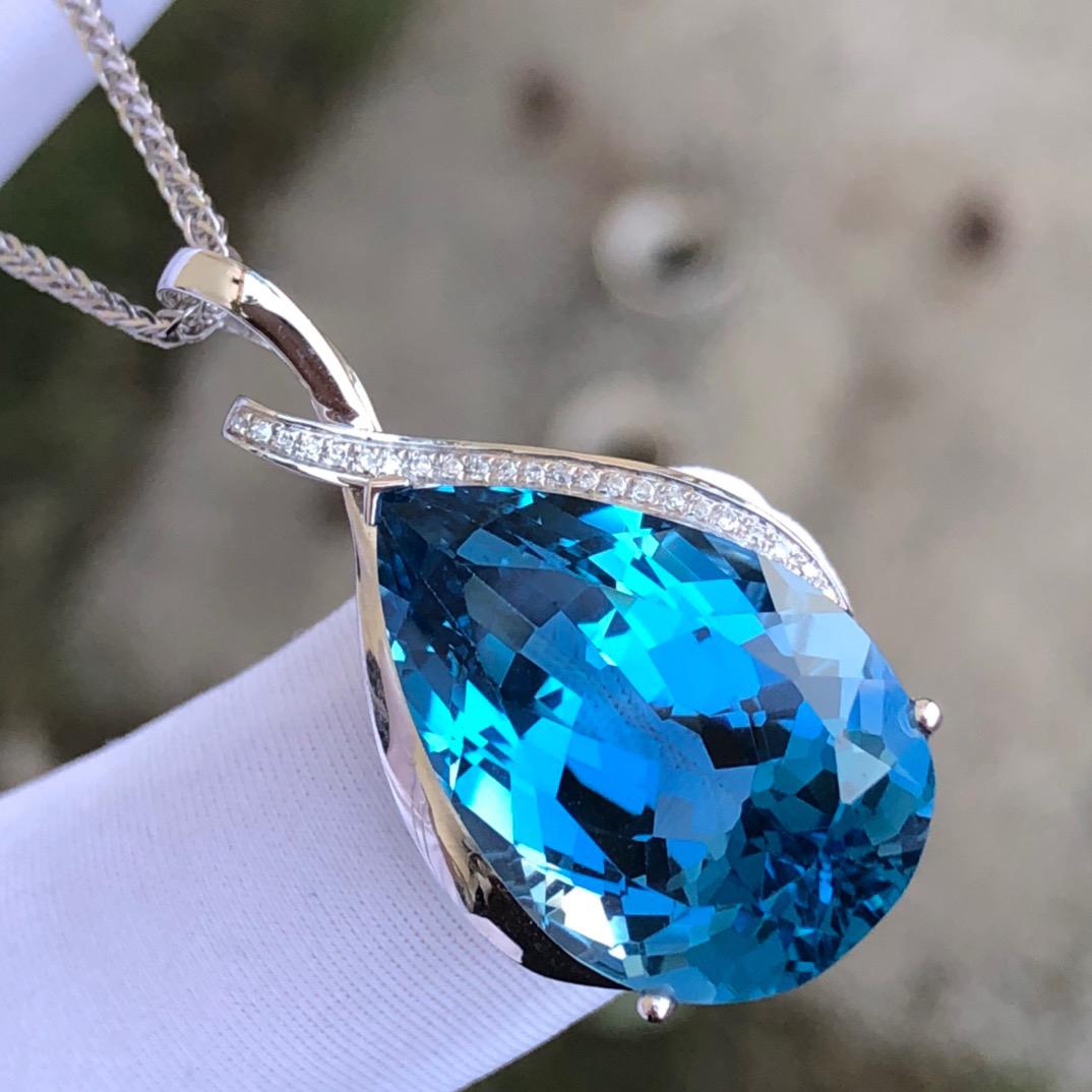 14K WHITE GOLD 24 CT VIVID BLUE NATURAL TOPAZ & DIAMOND PENDANT (1 of 7)