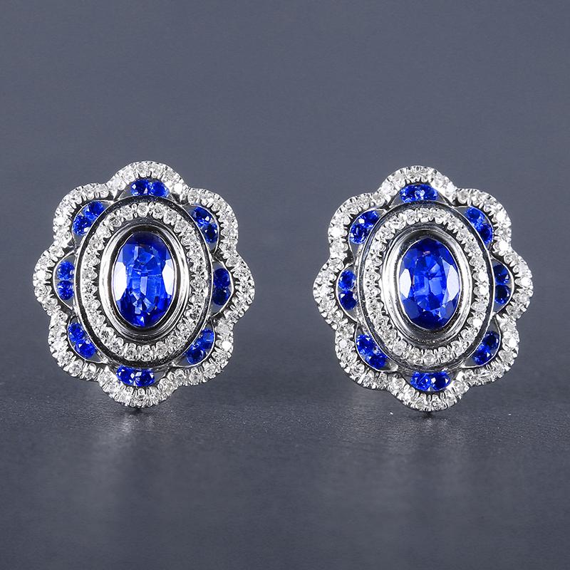 14K WHITE GOLD 1.52 CTW VIVID BLUE NATURAL SAPPHIRE & NATURAL SAPPHIRE EARRINGS (1 of 4)