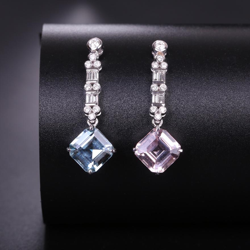 14K GOLD 3.67 CTW MORGANITE & NATURAL AQUAMARINE & DIAMOND EARRINGS (1 of 5)