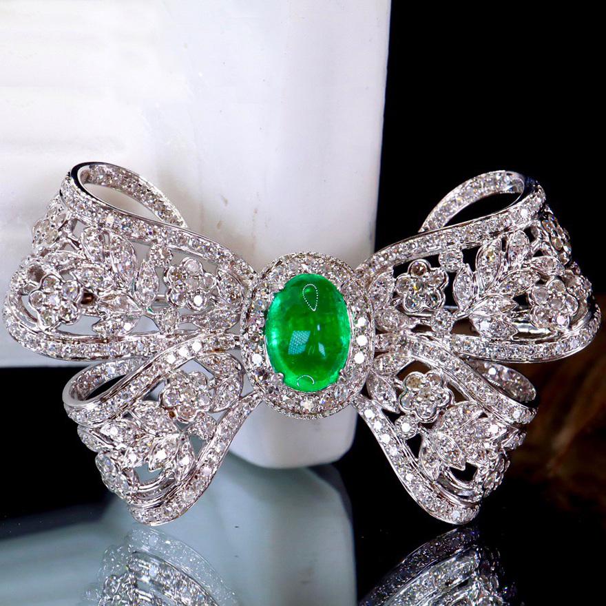 14K GOLD 1.93 CTW VIVID GREEN NATURAL EMERALD & DIAMOND BROOCH (1 of 7)