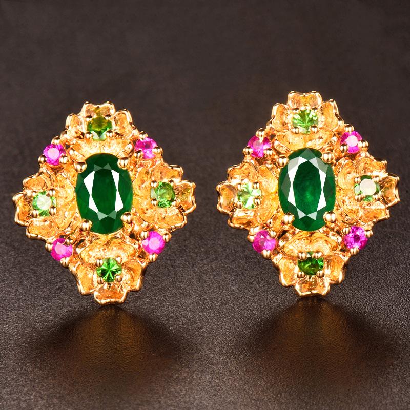 14K GOLD 1.42 CTW VIVID GREEN NATURAL EMERALD & TSAVORITE EARRINGS (1 of 6)