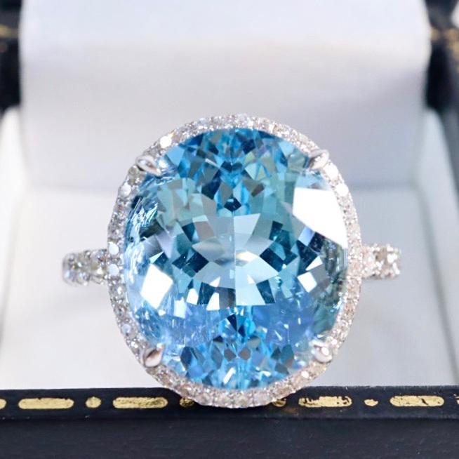 14K WHITE GOLD 7.86 CTW VIVID BLUE NATURAL AQUAMARINE & DIAMOND RING (1 of 6)