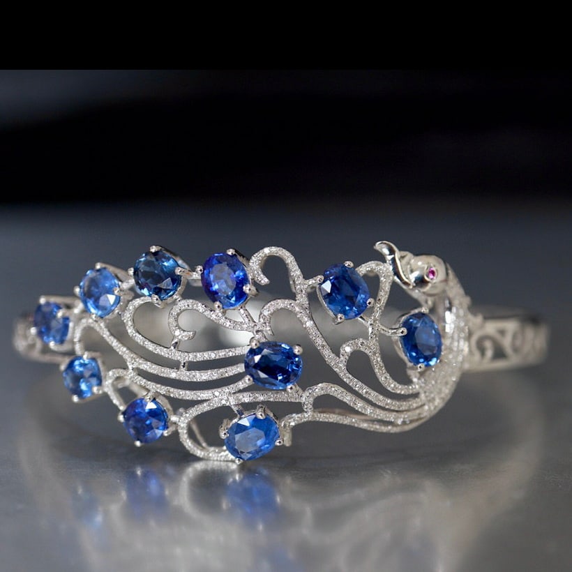 14K GOLD 5.11 CT NATURAL SAPPHIRE & DIAMOND BANGLE (1 of 6)