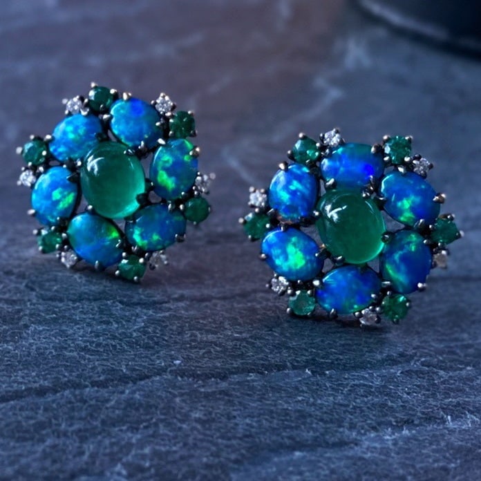 14K CERTIFIED GOLD 1 CT VIVID GREEN NATURAL EMERALD & DIAMOND & OPAL EARRINGS (1 of 10)