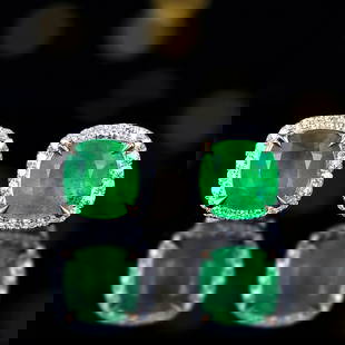 14K GOLD 2.33 CTW VIVID GREEN NATURAL EMERALD & DIAMOND EARRINGS: Ref:230636079 Gold Content:14K Gold Main Gemstone:Emerald Number of stones:2 Shape:Cushion Carat Weight:2.2ct Color:Vivid Green Treatment:Natural Cut Grade:G Adjacent Gemstone 2 : Diamond Numb