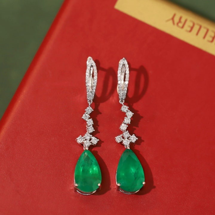 14K GOLD 6.92 CTW VIVID GREEN NATURAL EMERALD & DIAMOND EARRINGS (1 of 6)