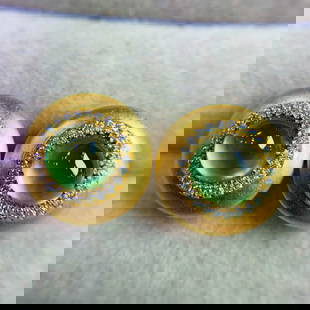 14K GOLD 2.2 CT NATURAL PREHNITE & DIAMOND EARRINGS: Ref:230640073 Gold Content:14K Gold Main Gemstone:Prehnite Number of stones:2 Shape:Round Carat Weight:2.2ct Color:Green Treatment:Natural Cut Grade:G Adjacent Gemstone 2 : Diamond Number of s