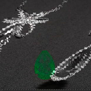 14K GOLD 1.23 CTW VIVID GREEN NATURAL EMERALD & DIAMOND NECKLACE: Ref:230650462 Gold Content:14K Gold Main Gemstone:Emerald Number of stones:1 Shape:Pear Carat Weight:1.02ct Color:Vivid Green Treatment:Natural Cut Grade:G Adjacent Gemstone 2 : Diamond Shape: