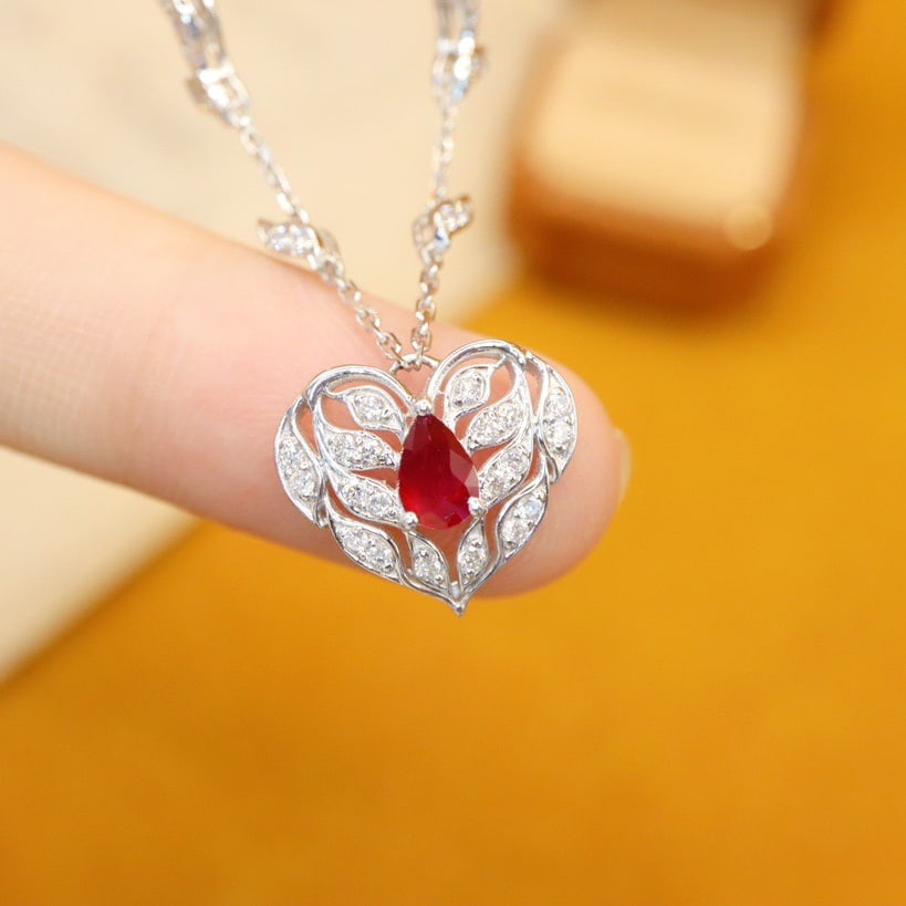 14K GOLD 0.94 CTW VIVID RED NATURAL RUBY & DIAMOND NECKLACE (1 of 7)