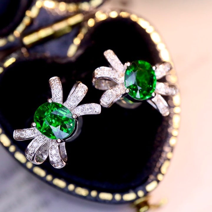 14K GOLD 1.3 CTW VIVID GREEN NATURAL TSAVORITE & DIAMOND EARRINGS (1 of 8)