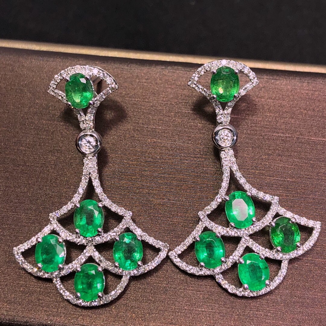 14K GOLD 4.30 CTW VIVID GREEN NATURAL EMERALD & DIAMOND EARRINGS (1 of 12)