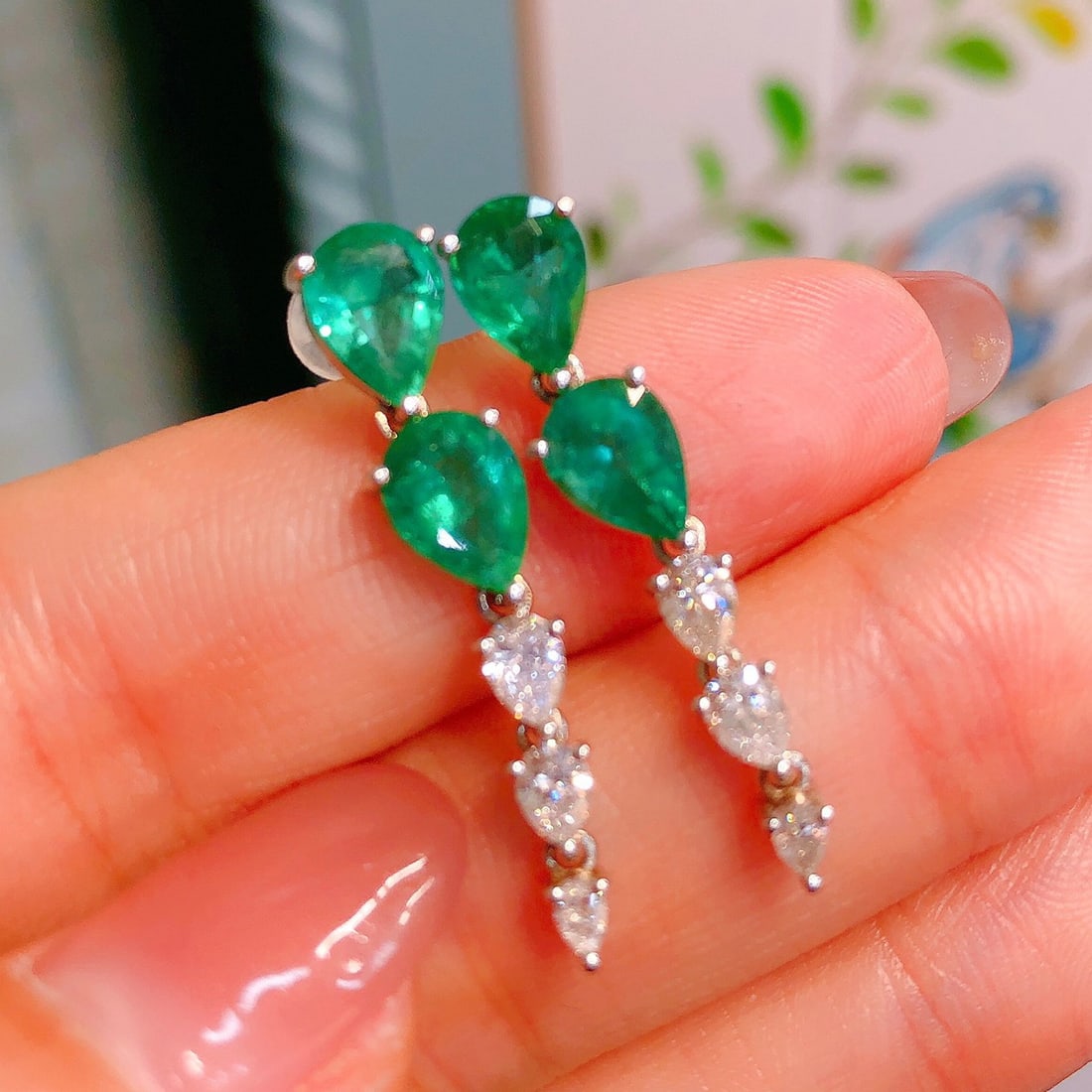 14K GOLD 4.60 CTW VIVID GREEN NATURAL EMERALD & DIAMOND EARRINGS (1 of 6)