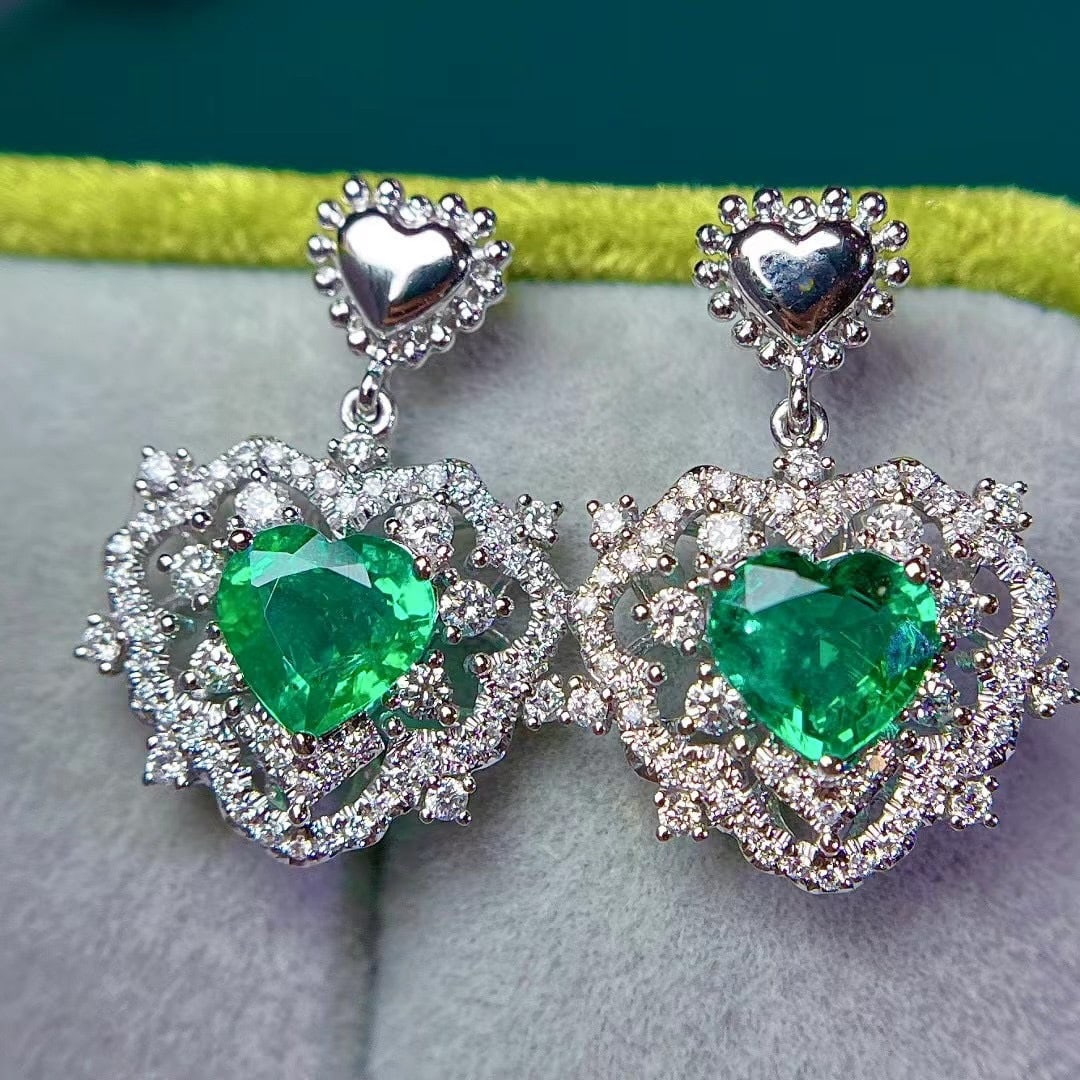14K GOLD 2.23 CTW VIVID GREEN NATURAL EMERALD & DIAMOND EARRINGS (1 of 7)
