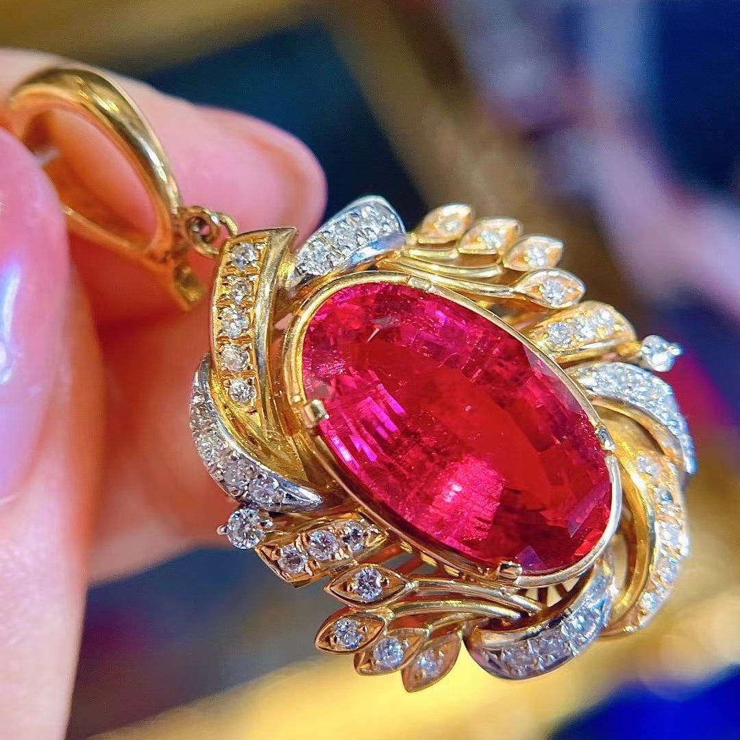 14K GOLD 7.53 CT NATURAL TOURMALINE & DIAMOND BROOCH/PENDANT (1 of 9)