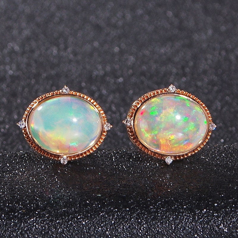 14K GOLD 3.44 CTW NATURAL OPAL & DIAMOND EARRINGS (1 of 5)