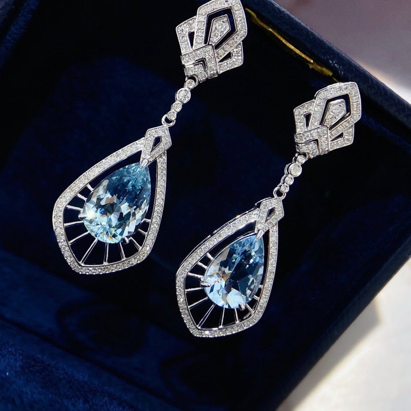 14K GOLD 5.63 CTW VIVID BLUE NATURAL AQUAMARINE & DIAMOND EARRINGS (1 of 6)