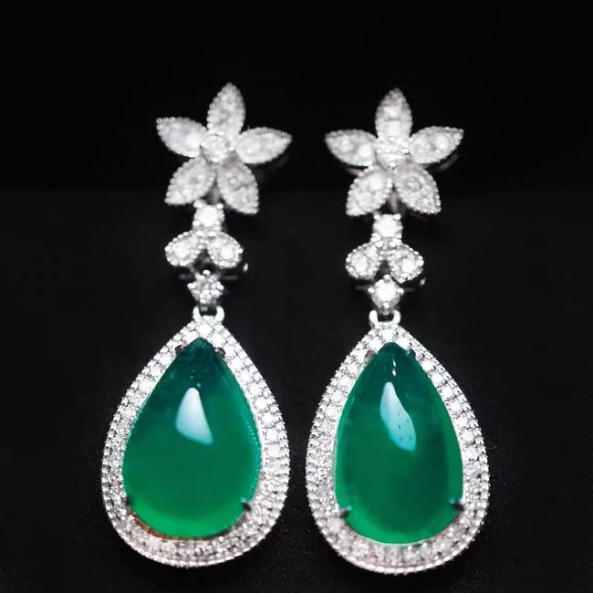 14K GOLD 12.8 CT VIVID GREEN NATURAL EMERALD & DIAMOND EARRINGS (1 of 5)