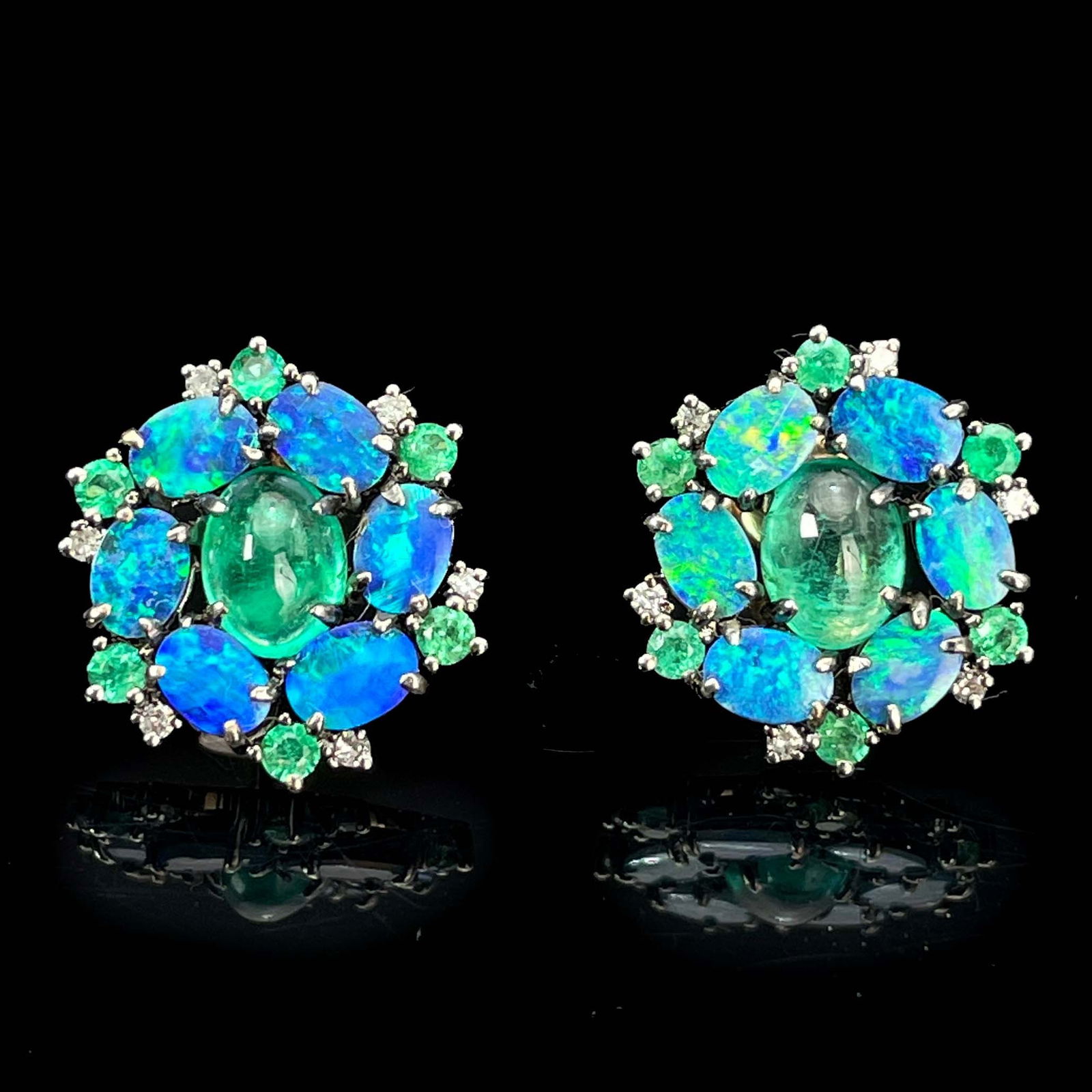 14K GOLD 1 CT VIVID GREEN NATURAL EMERALD & DIAMOND & OPAL EARRINGS (1 of 6)