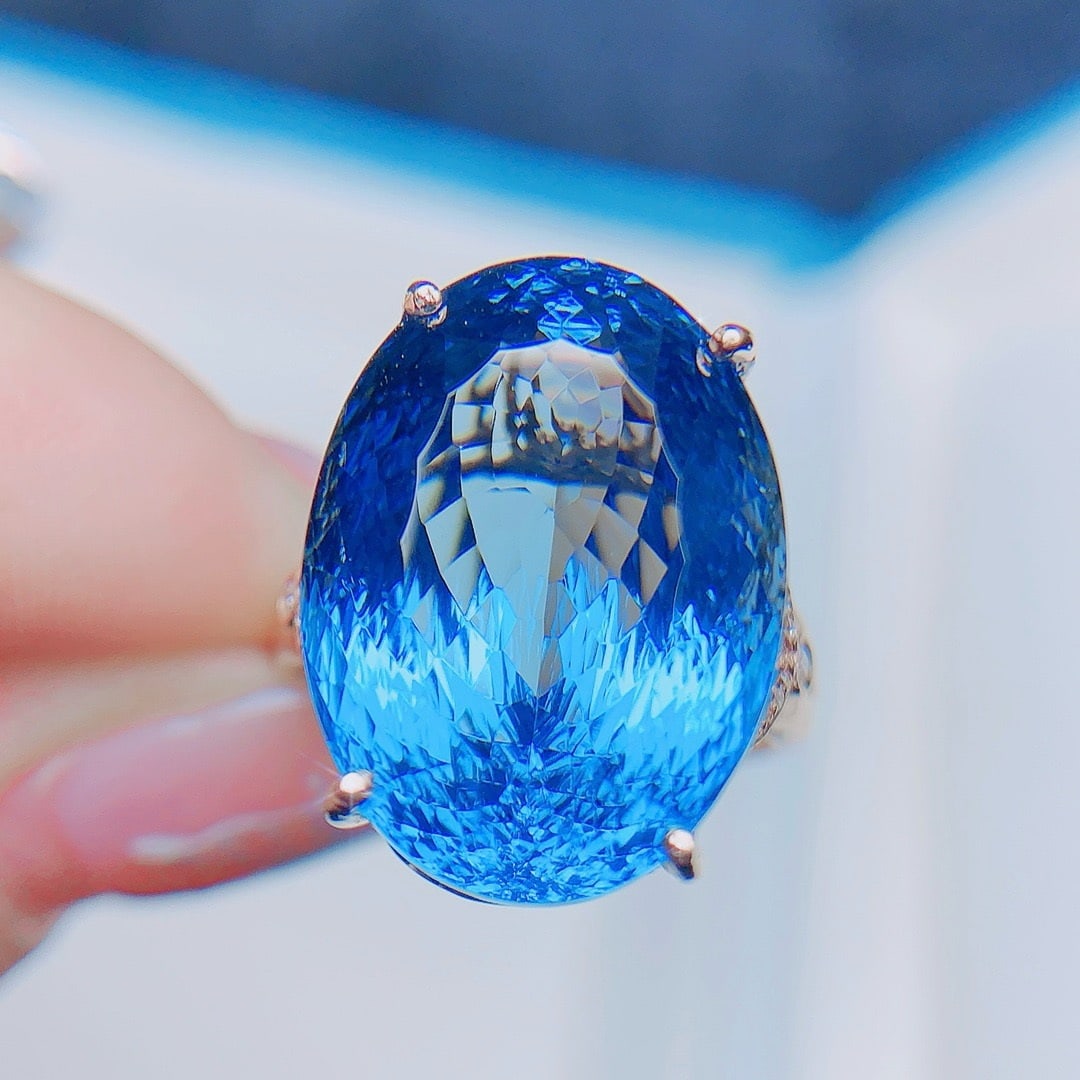 14K GOLD 19.5 CT VIVID BLUE NATURAL TOPAZ & DIAMOND RING (1 of 7)