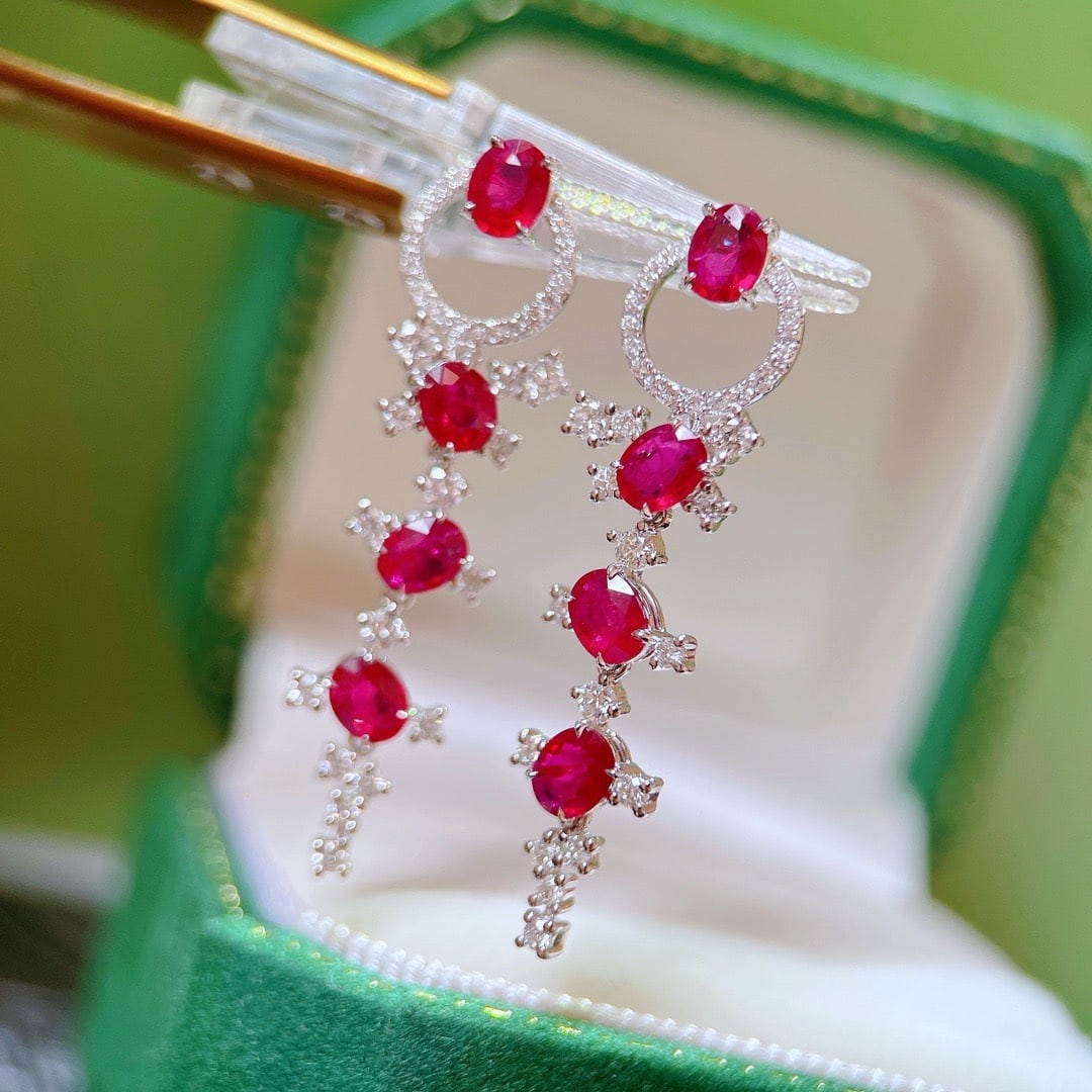 14K GOLD 3.67 CTW VIVID RED NATURAL RUBY & DIAMOND EARRINGS (1 of 6)