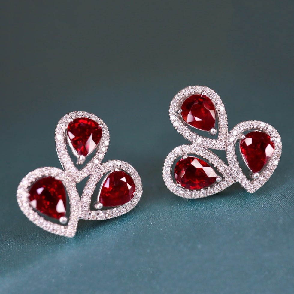 14K GOLD 2.94 CTW VIVID RED NATURAL RUBY & DIAMOND EARRINGS (1 of 6)
