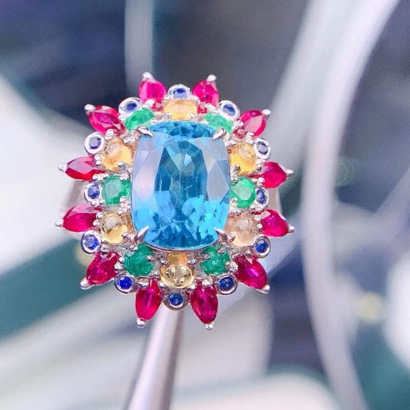 14K GOLD 6.9 CT NATURAL ZIRCON & EMERALD & RUBY &SAPPHIRE RING (1 of 6)