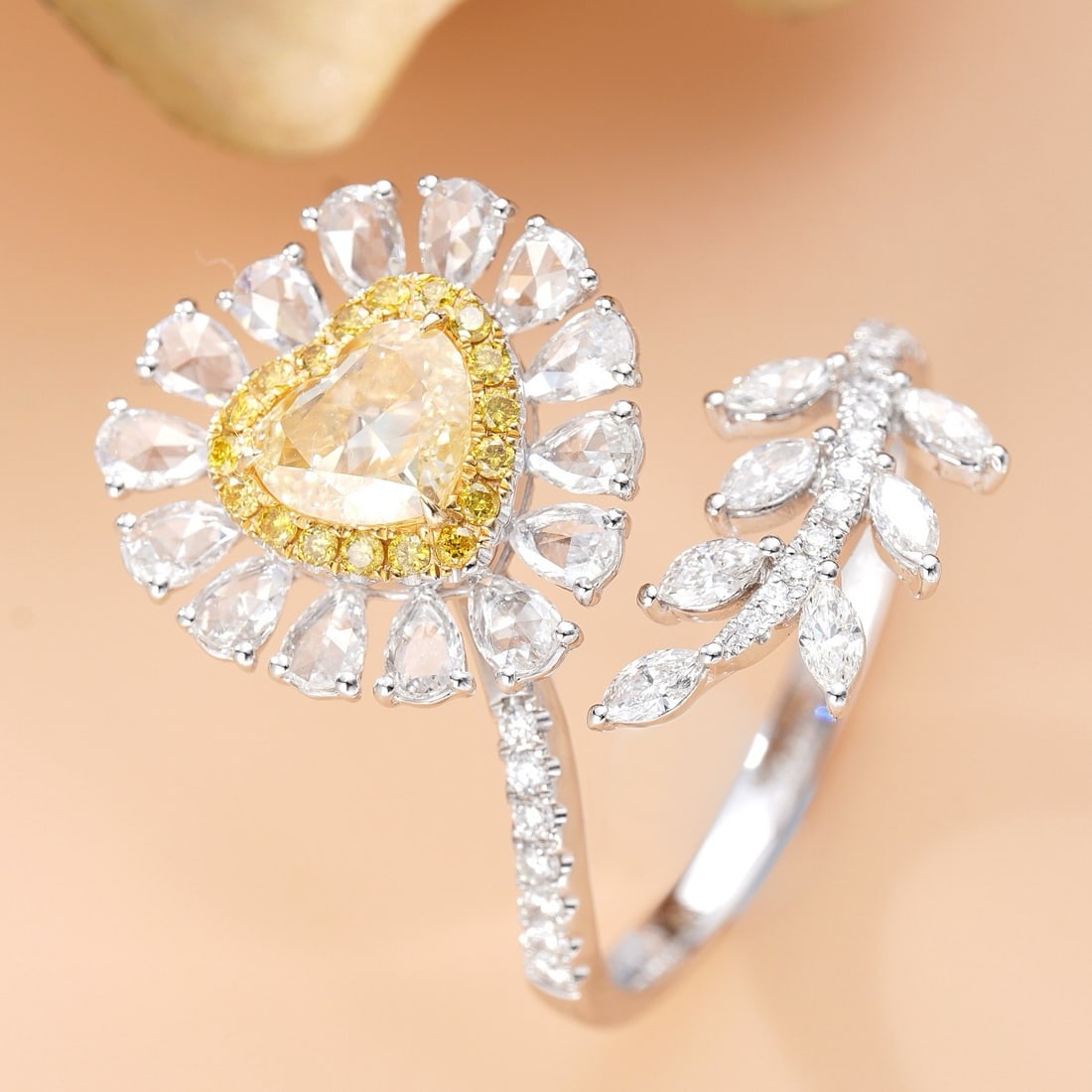 14K GOLD 2.18 CTW NATURAL YELLOW DIAMOND RING: Ref:230753194 Gold Content:14K Gold Ring Size:7.25US Main Gemstone:Diamond Shape:Heart Carat Weight:1.03ct Color:Yellow Treatment:Natural Cut Grade:G Adjacent Gemstone 2 : Diamond Shape:Multip