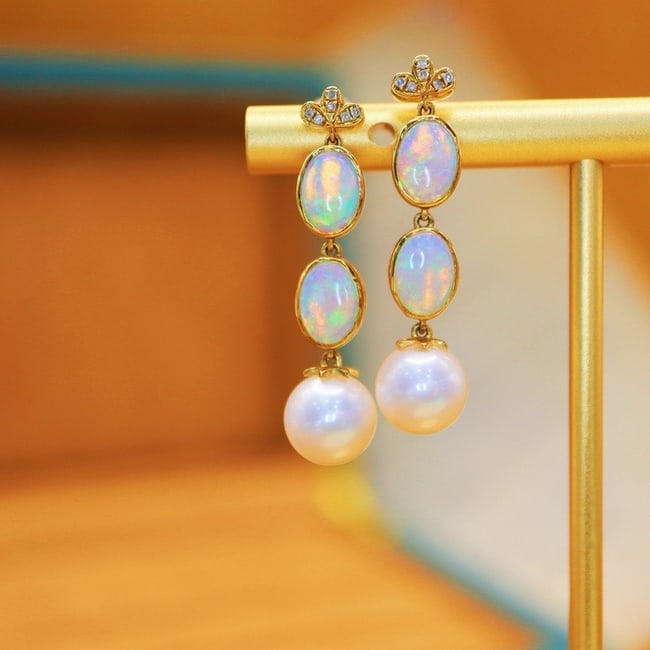 14K GOLD 1.69 CTW NATURAL OPAL & DIAMOND EARRINGS (1 of 7)