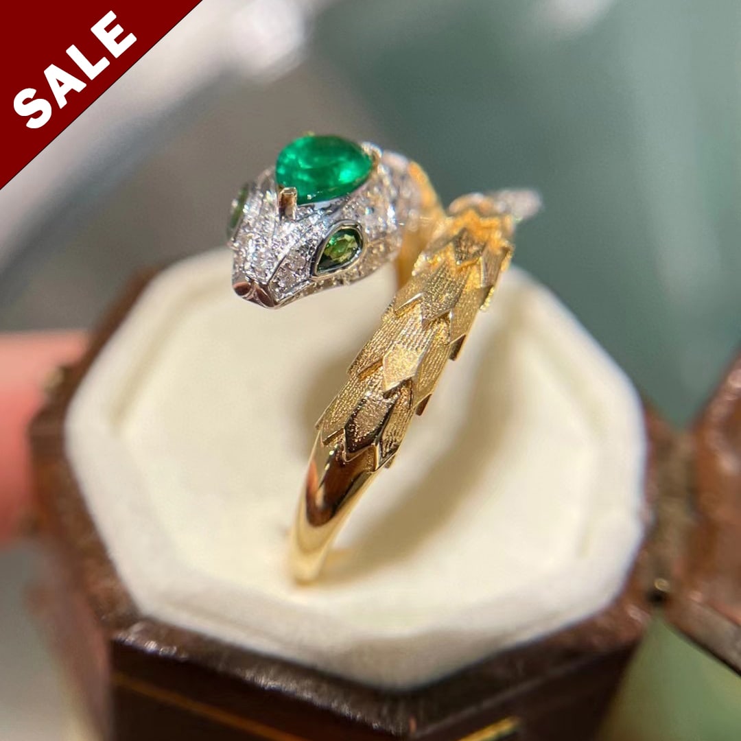 14K GOLD 0.30 CT NATURAL EMERALD & DIAMOND & ART DECO RING (1 of 8)