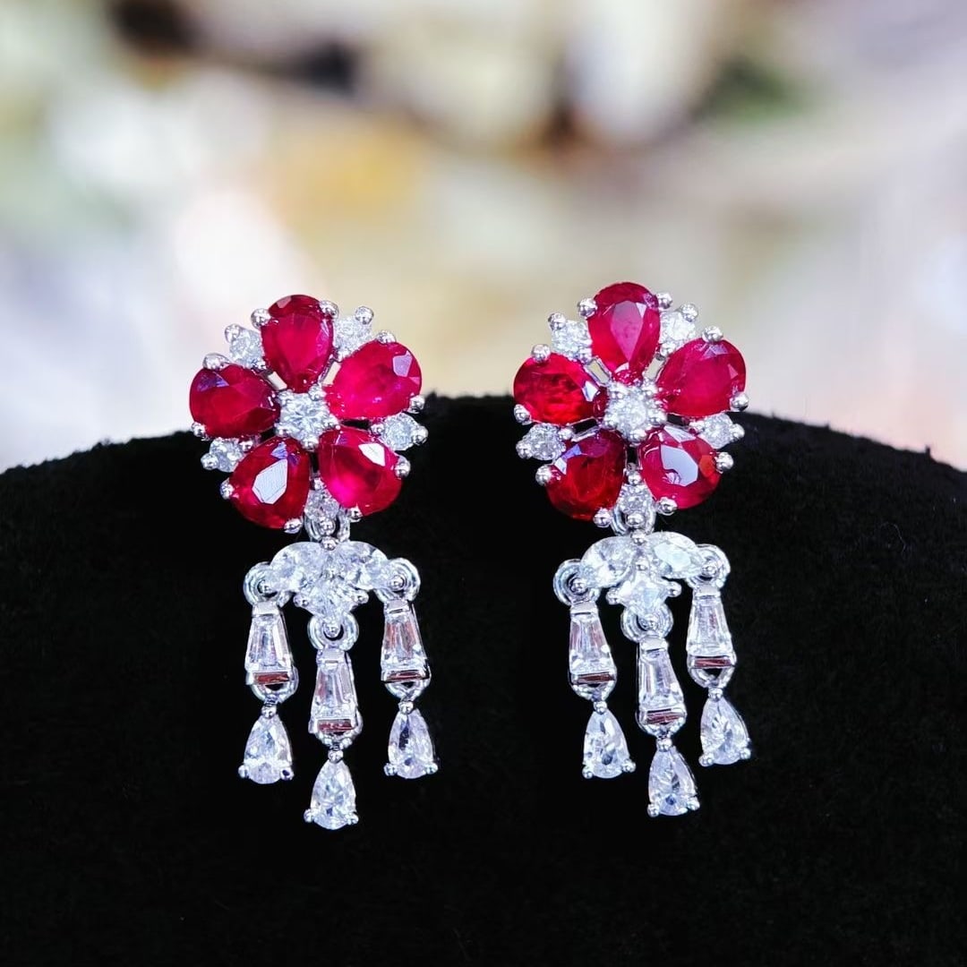 14K GOLD 1.3 CT NATURAL RUBY & DIAMOND & SAPPHIRE EARRINGS (1 of 5)