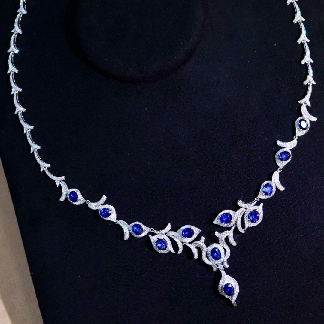 14K GOLD 9.71 CTW VIVID BLUE NATURAL SAPPHIRE & DIAMOND NECKLACE (1 of 8)
