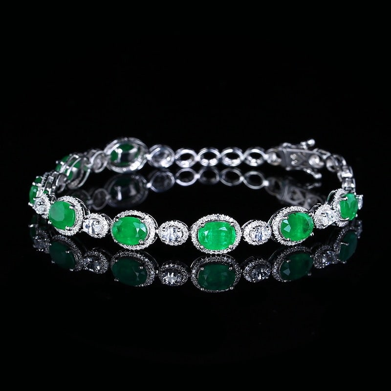 14K GOLD 6.12 CTW VIVID GREEN NATURAL EMERALD & DIAMOND BRACELET (1 of 6)