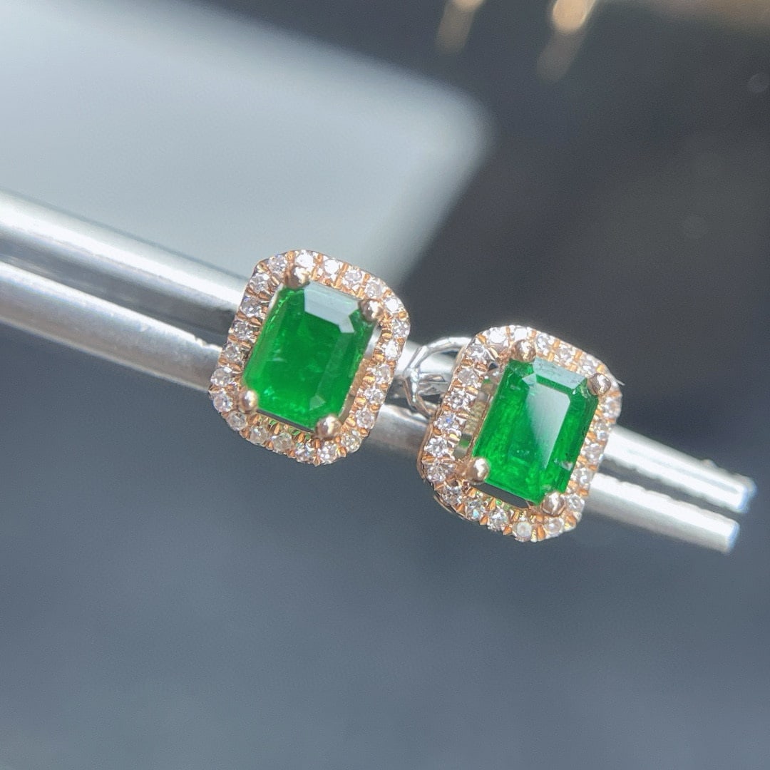 14k Gold 0.75 Ct Natural Emerald & Diamond Earrings (1 of 7)