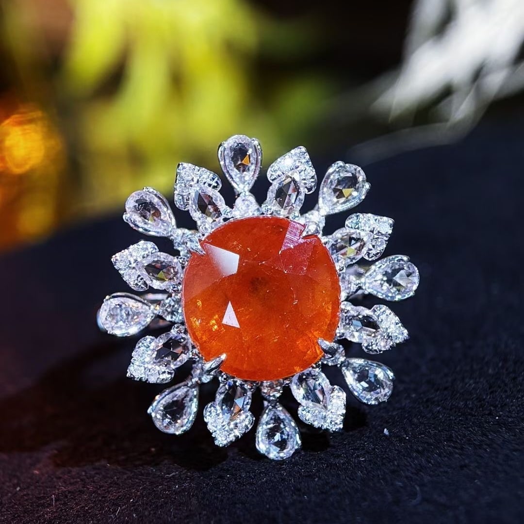 14k Gold 5.2 Ct Natural Spessartine & Sapphire & Diamond Ring (1 of 8)