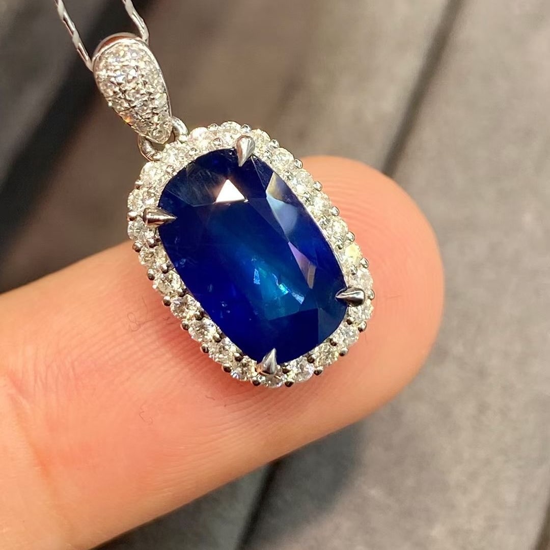 14k Gold 4.12 Ctw Vivid Blue Natural Sapphire & Diamond Pendant( Without Chain ) (1 of 4)