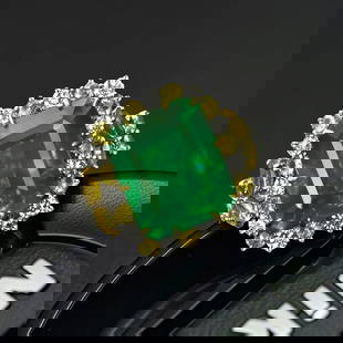 14k Gold 7.64 Ctw Vivid Green Natural Emerald & Diamond Ring: Ref:230992180 // gold content:14k gold // ring size:7. 25us // // main gemstone:emerald // shape:octagonal // carat weight:7. 35ct // color:vivid green // treatment:natural // // adjacent gemstone 2 :