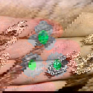 14k Gold 3.21 Ct Vivid Green Natural Emerald & Sapphire & Diamond Jewelry Set: Ref:230984368 // gold content:14k gold // ring size:7. 25us // // earrings // main gemstone:emerald // shape:oval // carat weight:1. 91ct // color:vivid green // treatment:natural // // adjacent gemst