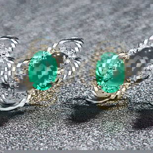 14k Gold 2.10 Ct Natural Emerald & Diamond Earrings: Ref:230799017 // gold content:14k gold // main gemstone:emerald // shape:oval // carat weight:2. 10ct // color:green // treatment:natural // // adjacent gemstone 2 : diamond // shape:round //