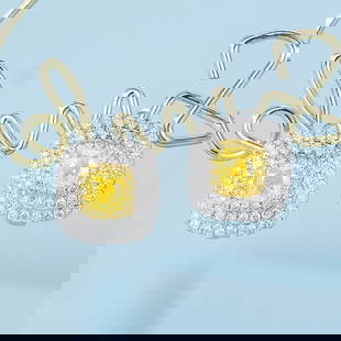 14k Gold 1.63 Ctw Natural Yellow Diamond & Diamond Earrings: Ref:230799020 // gold content:14k gold // main gemstone:yellow diamond // shape:cushion // carat weight:1. 32ct // color:yellow // treatment:natural // // adjacent gemstone 2 : diamond //