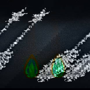 14k Gold 3.2 Ct Vivid Green Natural Emerald & Diamond Earrings: Ref:231013216 // gold content:14k gold // main gemstone:emerald // shape:pear // carat weight:3. 2ct // color:vivid green // treatment:natural // // adjacent gemstone 2 : diamond // shape:round // cla