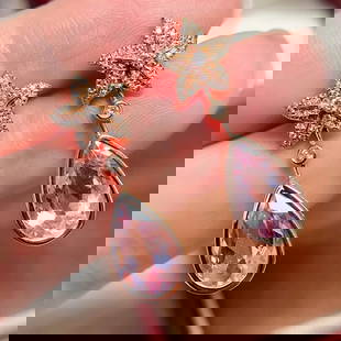 14k Gold 4.2 Ct Natural Morganite & Diamond Earrings: Ref:231014208 // gold content:14k gold // main gemstone:morganite // shape:pear // carat weight:4. 2ct // color:pink // treatment:natural // // adjacent gemstone 2 : diamond // number of stones:64 //