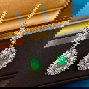 14k Gold 1.97 Ctw Natural Emerald & Diamond Earrings: Ref:230886124 // gold content:14k gold // main gemstone:emerald // shape:pear // carat weight:1. 06ct // color:green // treatment:natural // cut grade:g // // adjacent gemstone 2 : diamond // shape:ro