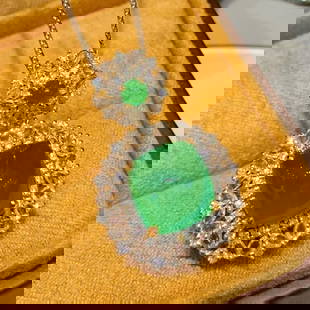 14k Gold 5.4 Ct Vivid Green Natural Emerald & Diamond & Sapphire Pendant( Without Chain ): Ref:231018214 // gold content:14k gold // main gemstone:emerald // shape:suger-loaf // carat weight:5. 4ct // color:vivid green // treatment:natural // // adjacent gemstone 2 : diamond // shape:round