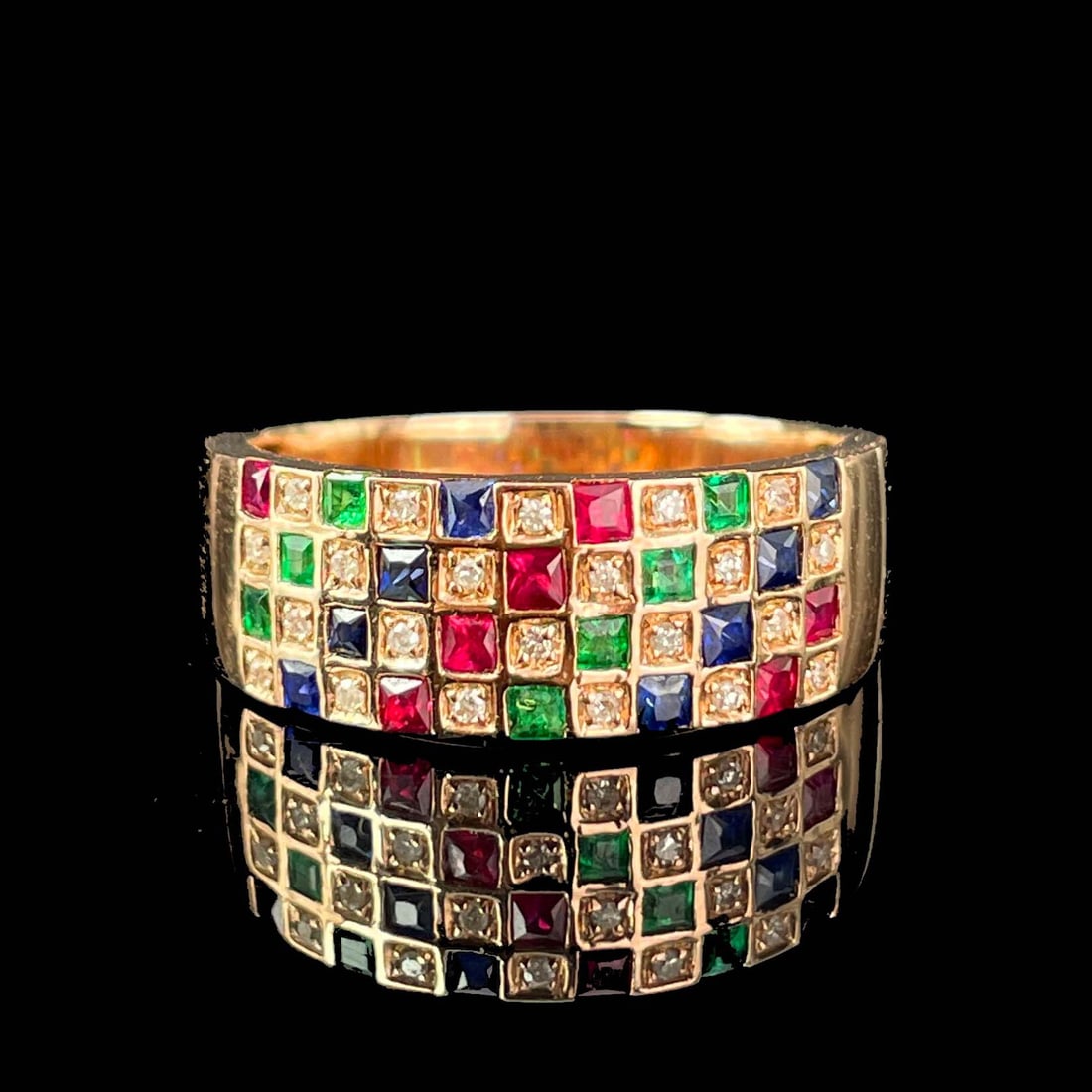 14k Gold 1.56 Ctw Vivid Red Natural Ruby & Sapphire & Emerald & Diamond Ring (1 of 6)