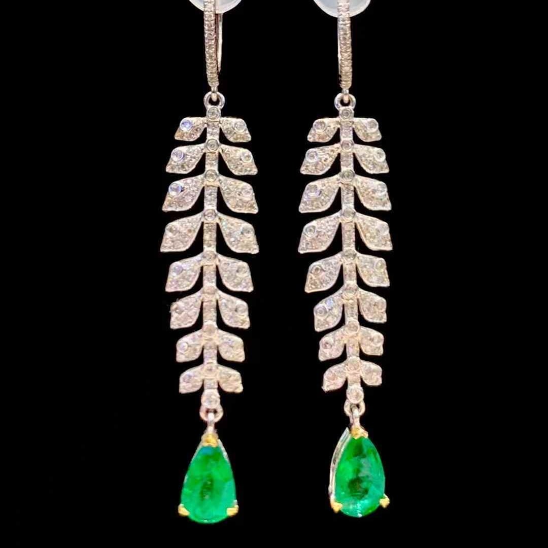 14k Gold 1.85 Ct Vivid Green Natural Emerald & Diamond Earrings (1 of 7)